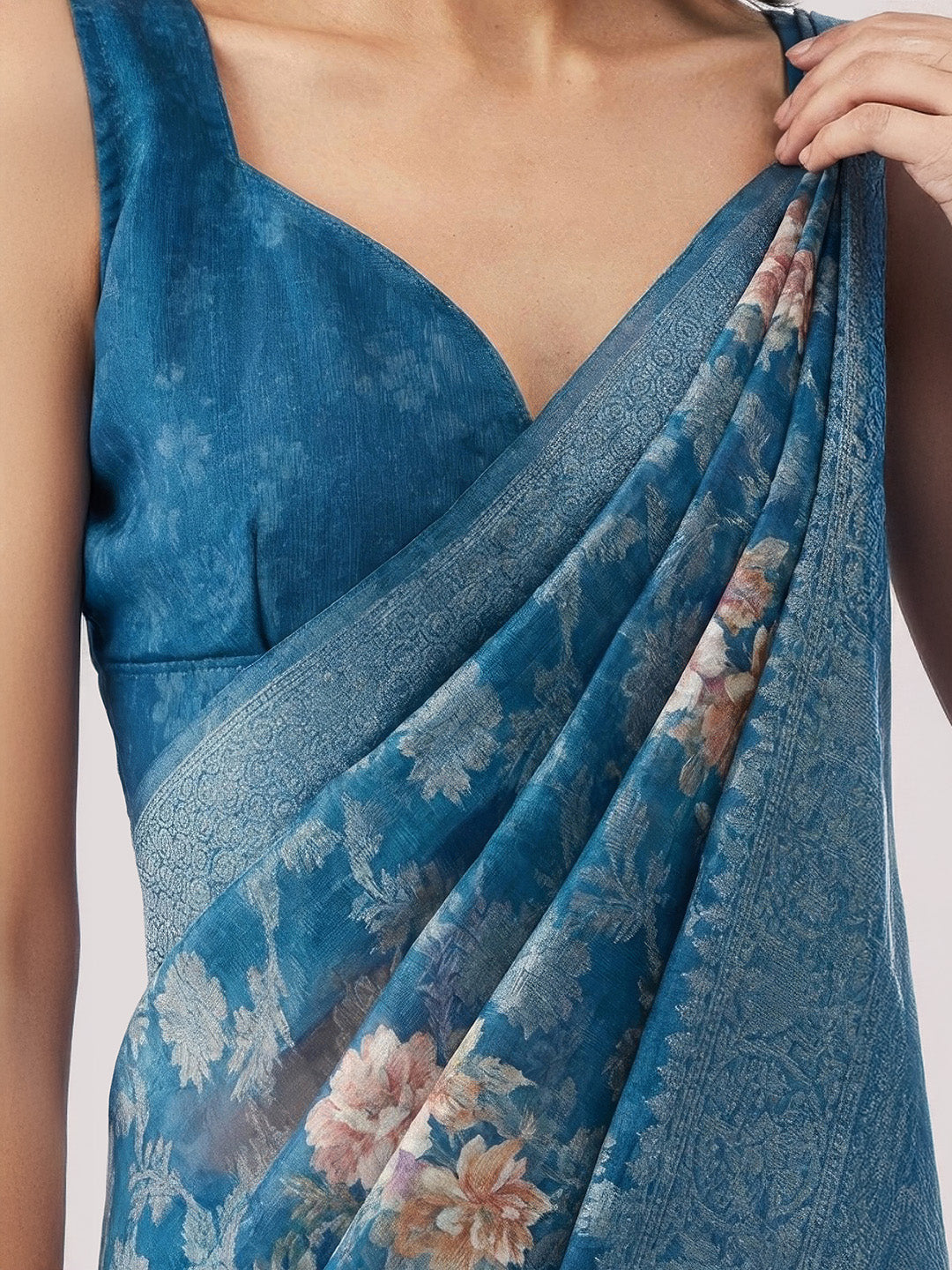 Janasya Women's Navy Blue Jacquard Ready To Wear Floral Printed Saree with Unstitched Blouse