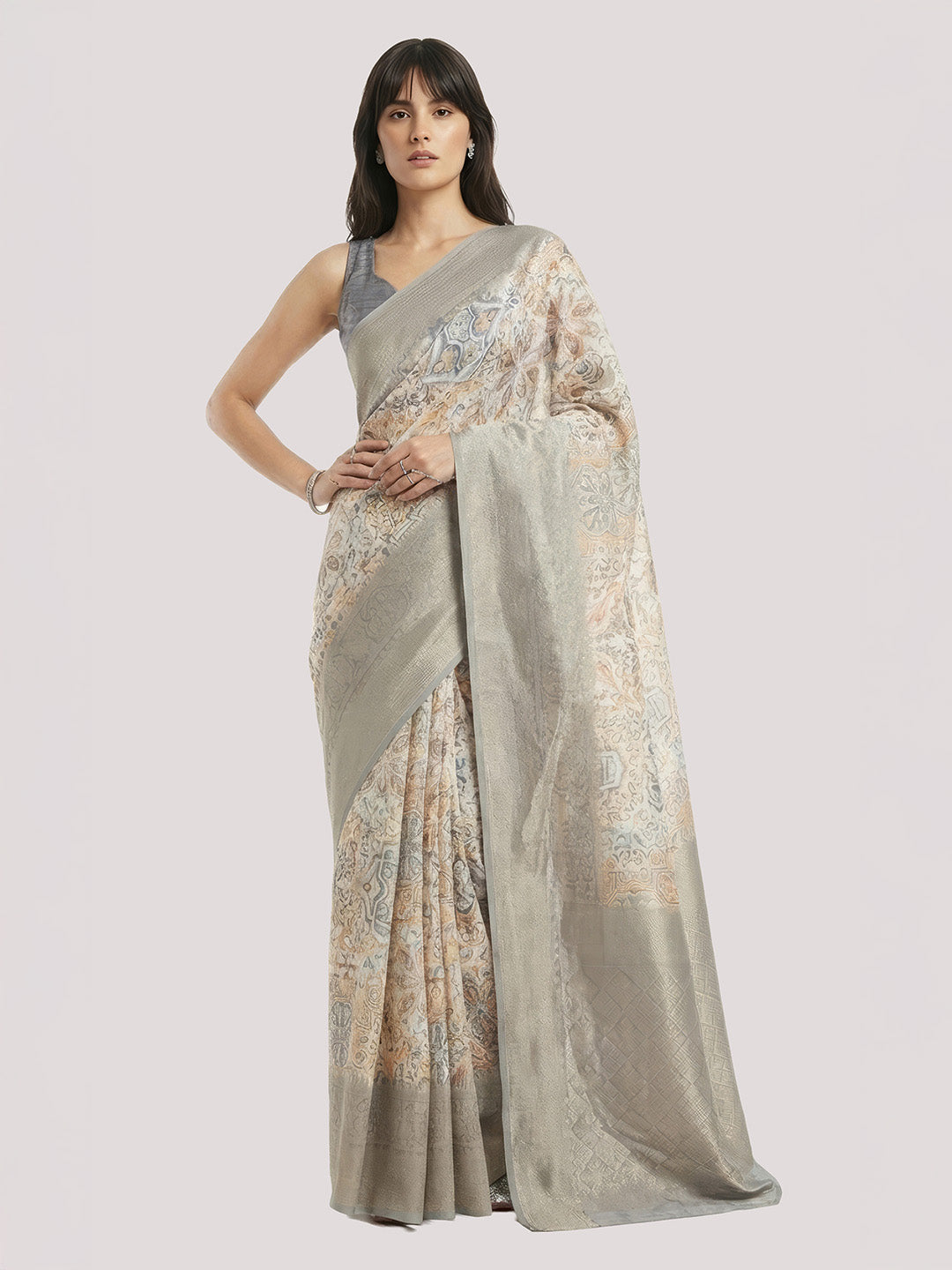 Janasya Women's Cream Jacquard Ready To Wear Floral Printed Saree with Unstitched Blouse