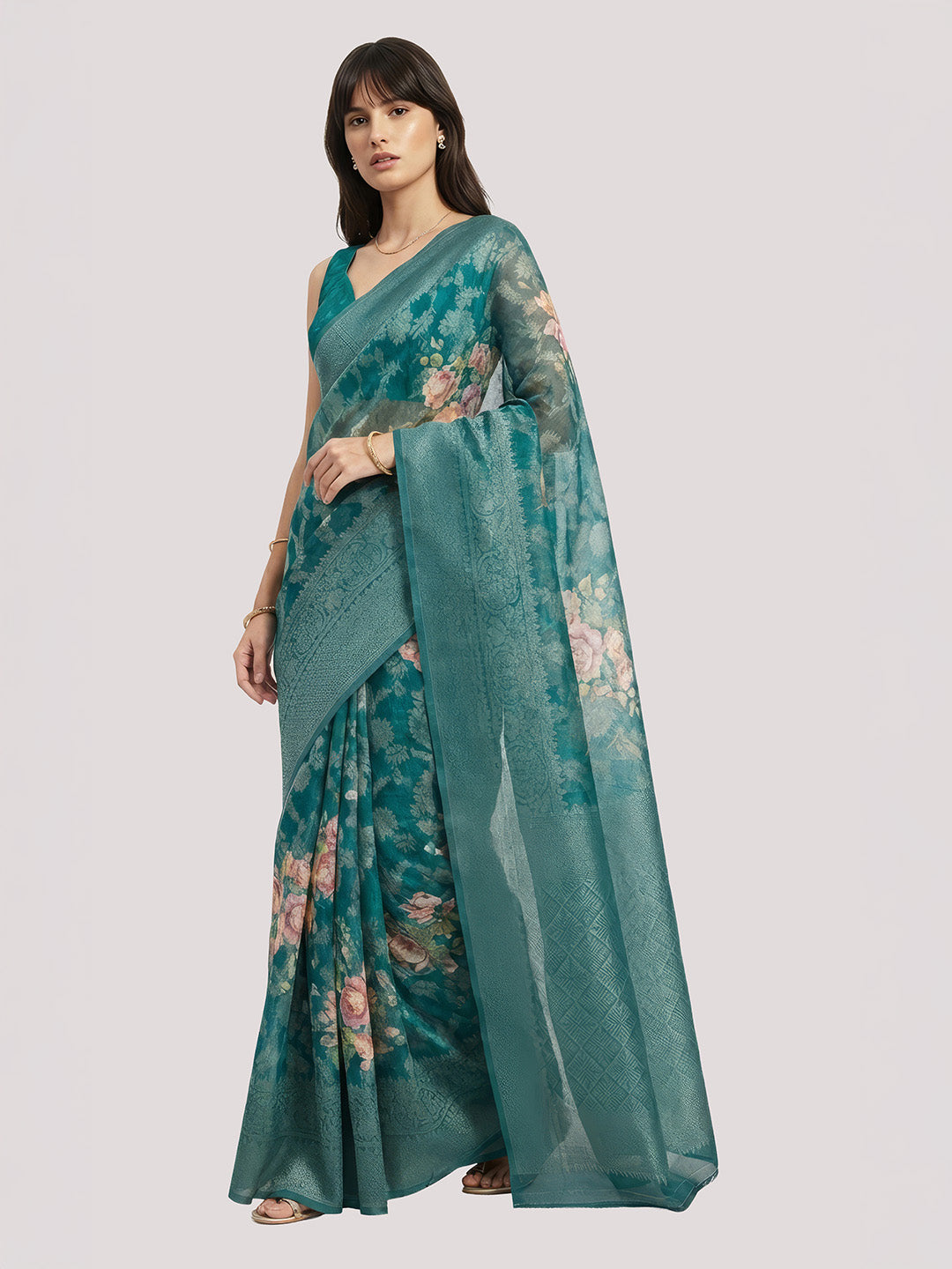 Janasya Women's Teal Blue Jacquard Ready To Wear Floral Printed Saree with Unstitched Blouse