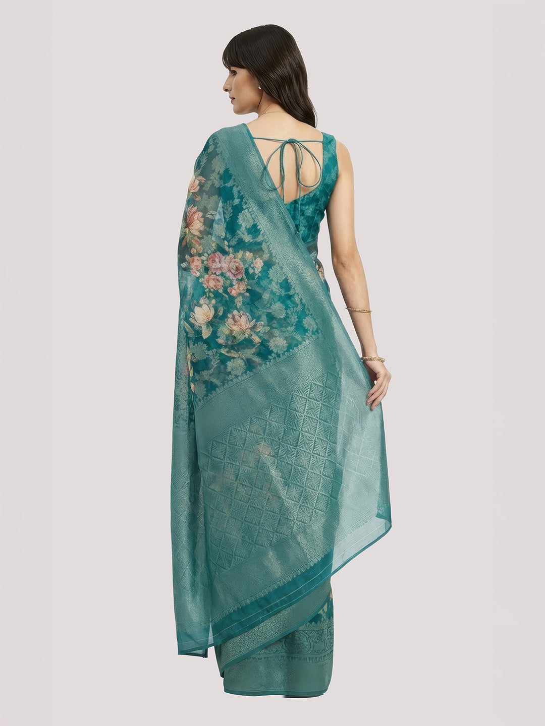 Janasya Women's Teal Blue Jacquard Ready To Wear Floral Printed Saree with Unstitched Blouse