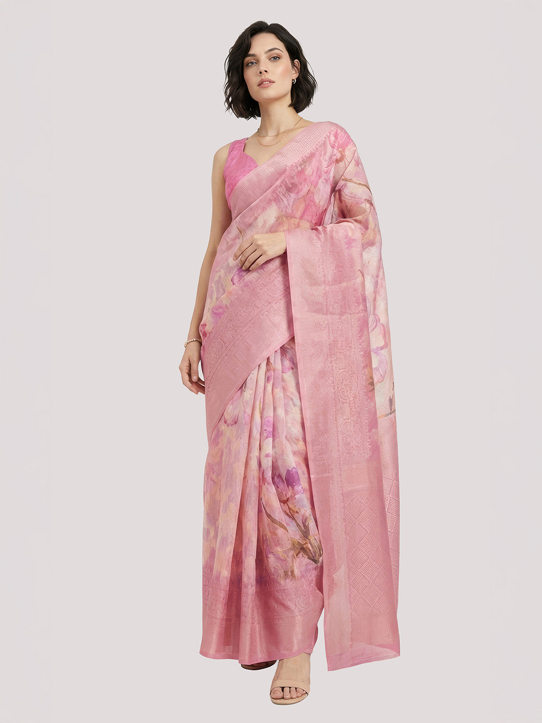 Janasya Women's Pink Jacquard Ready To Wear Floral Printed Saree with Unstitched Blouse
