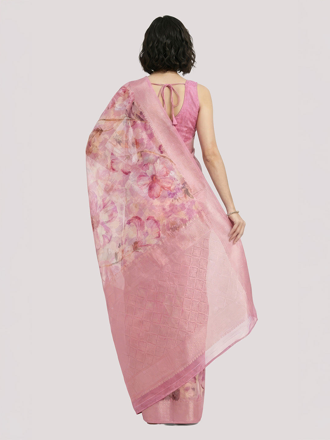 Janasya Women's Pink Jacquard Ready To Wear Floral Printed Saree with Unstitched Blouse
