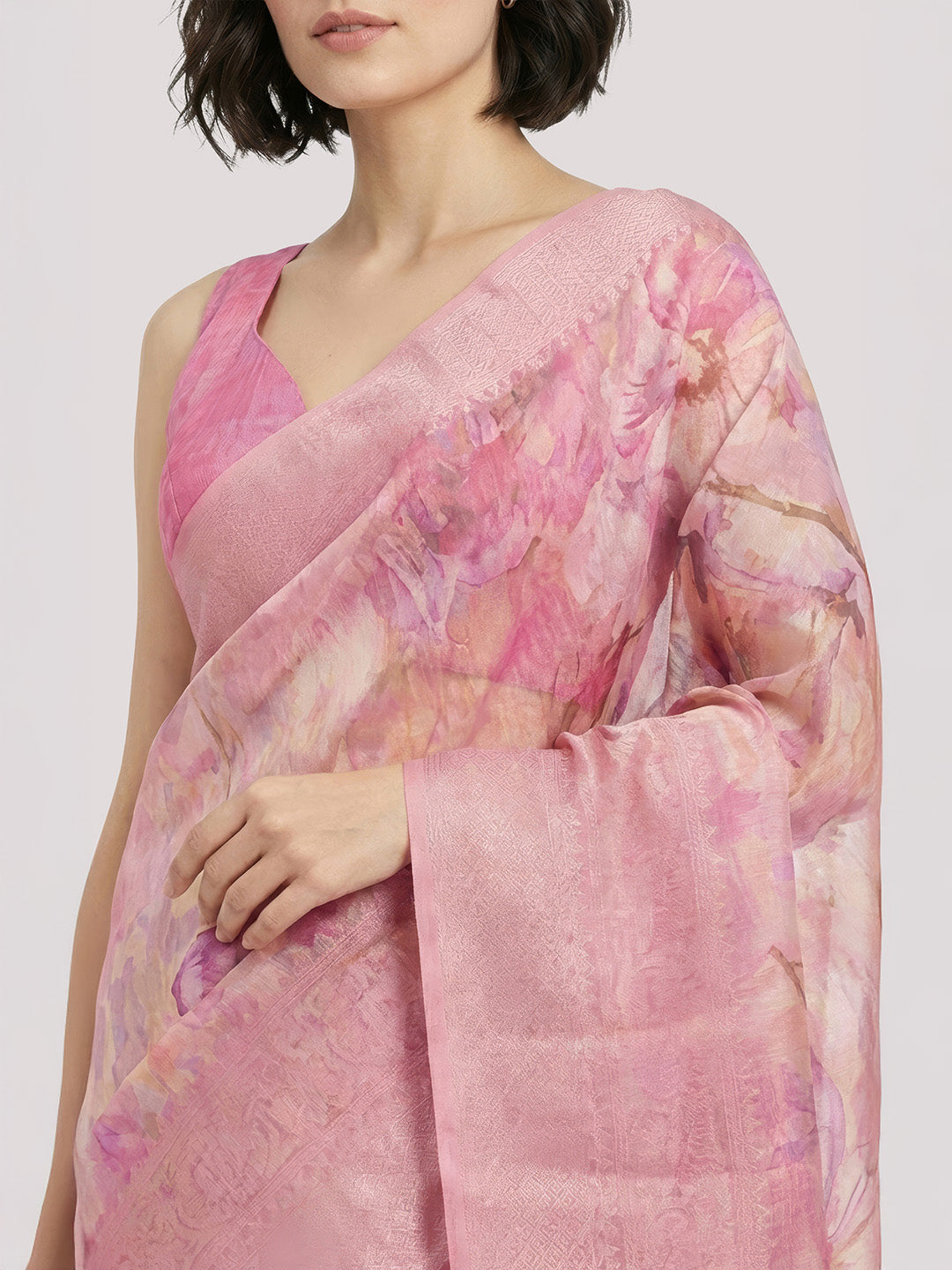 Janasya Women's Pink Jacquard Ready To Wear Floral Printed Saree with Unstitched Blouse
