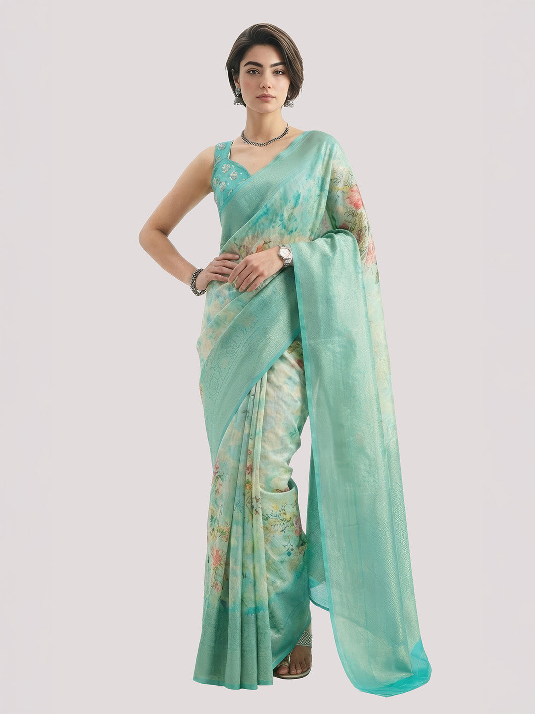 Janasya Women's Sea Green Jacquard Ready To Wear Floral Printed Saree with Unstitched Blouse