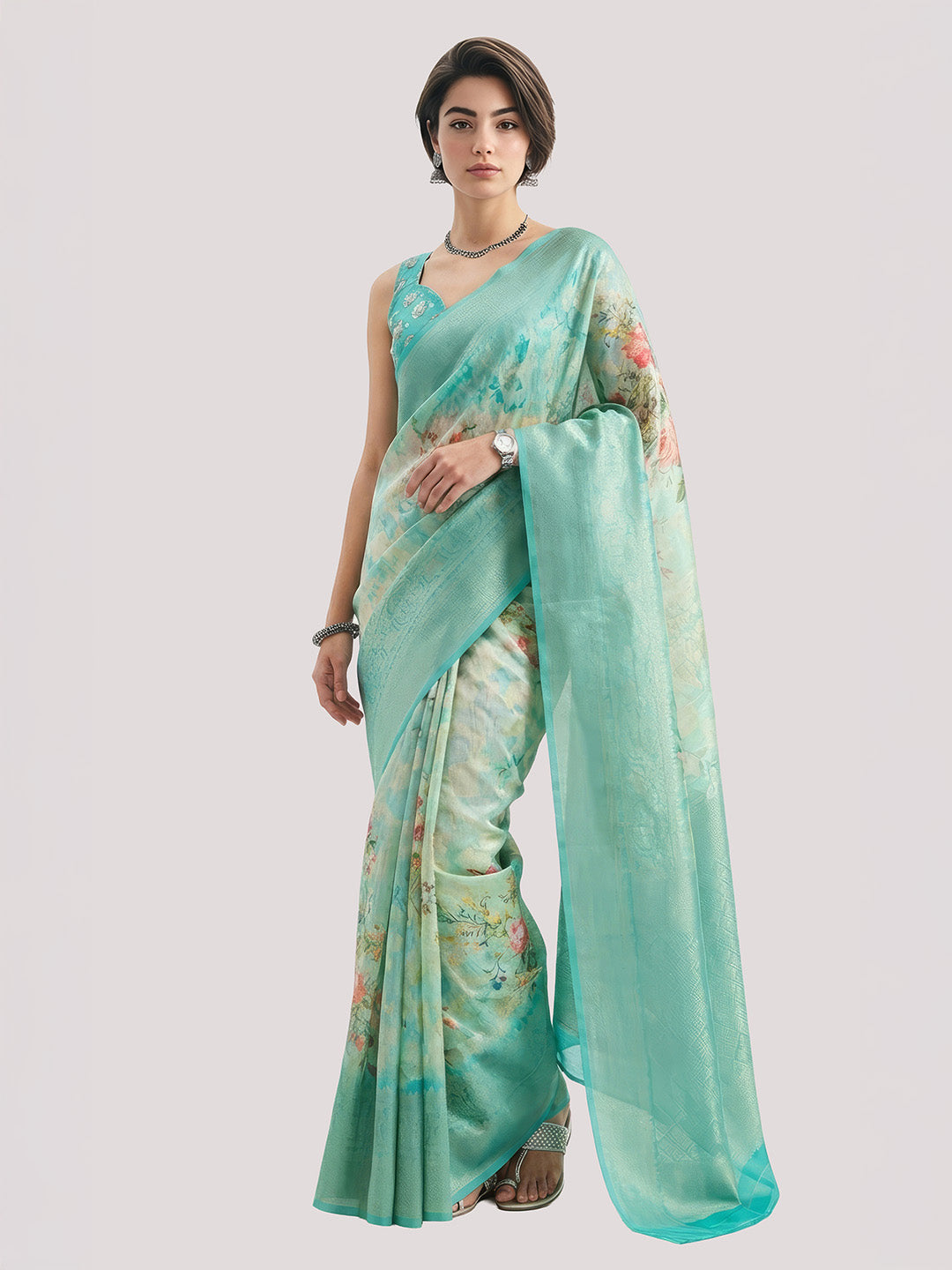 Janasya Women's Sea Green Jacquard Ready To Wear Floral Printed Saree with Unstitched Blouse