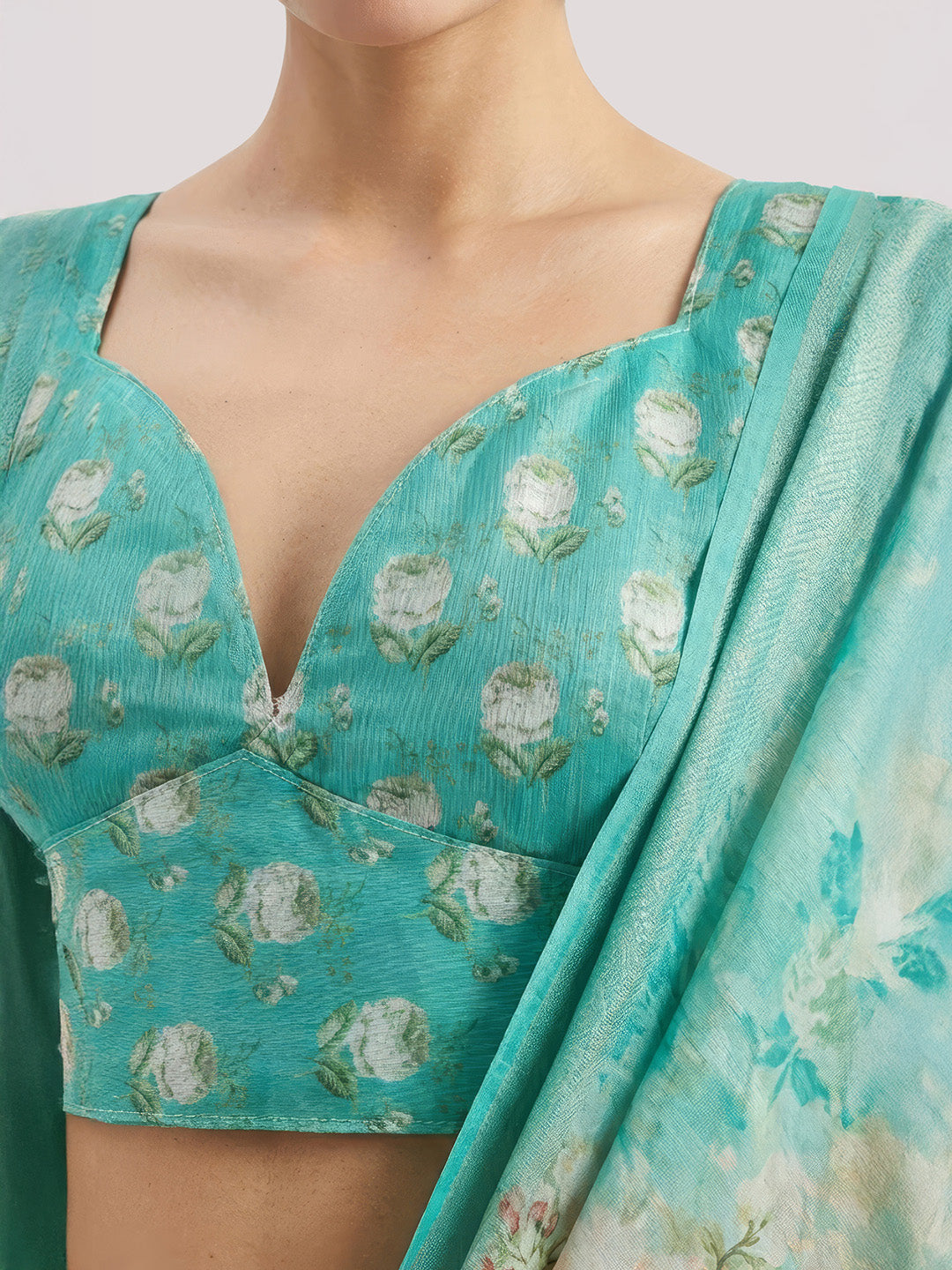 Janasya Women's Sea Green Jacquard Ready To Wear Floral Printed Saree with Unstitched Blouse