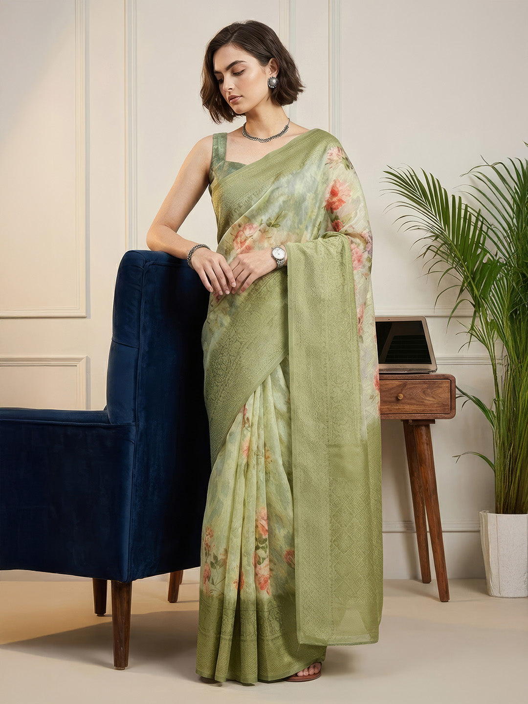 Janasya Women's Light Green Jacquard Ready To Wear Floral Printed Saree with Unstitched Blouse