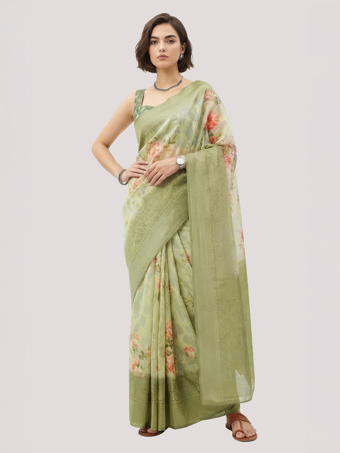 Janasya Women's Light Green Jacquard Ready To Wear Floral Printed Saree with Unstitched Blouse