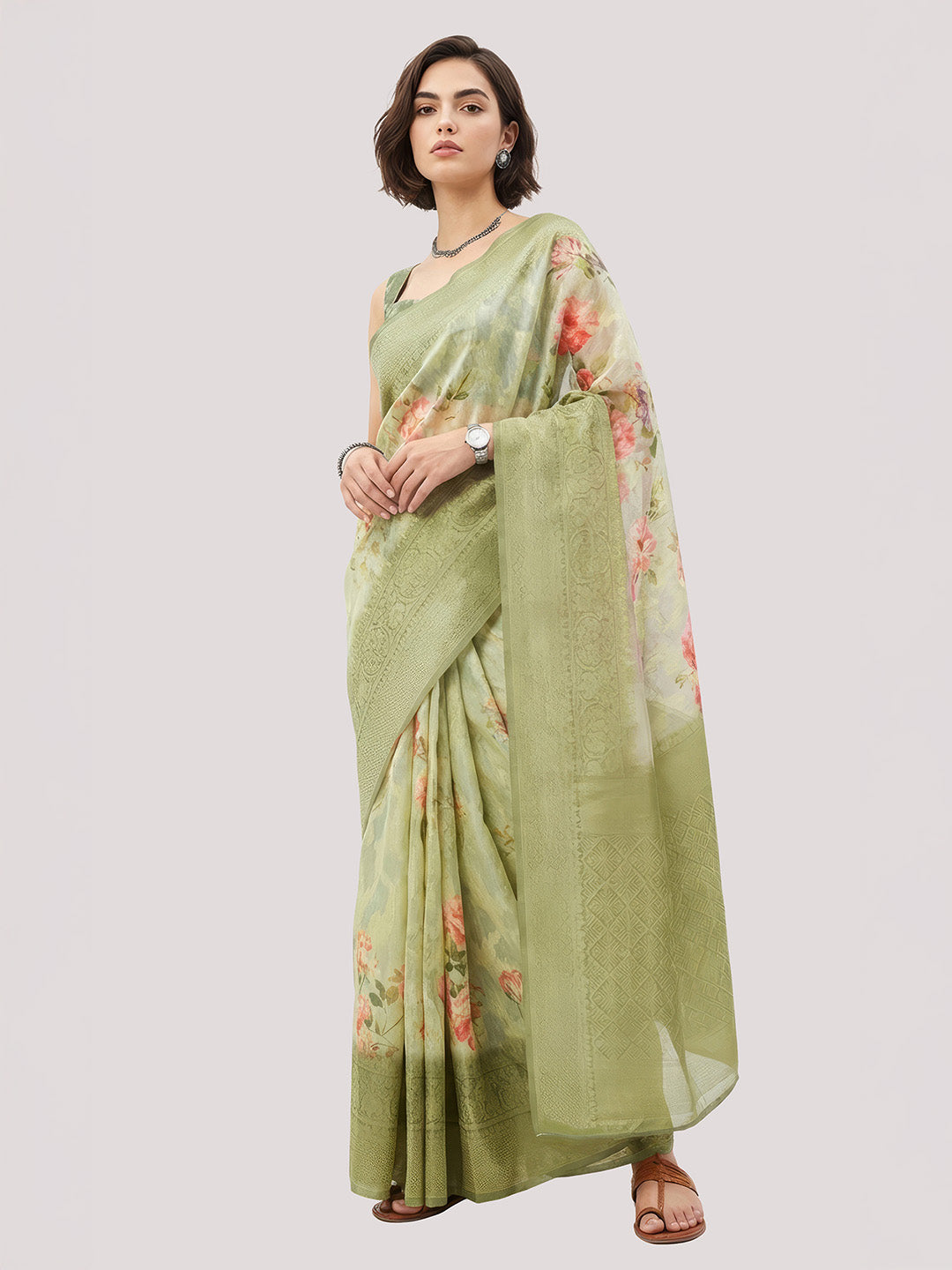 Janasya Women's Light Green Jacquard Ready To Wear Floral Printed Saree with Unstitched Blouse