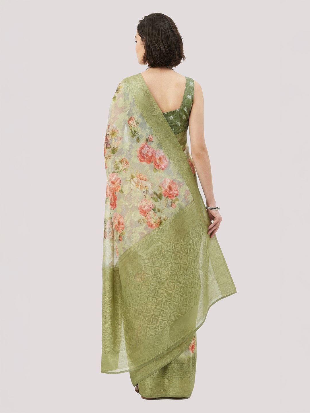 Janasya Women's Light Green Jacquard Ready To Wear Floral Printed Saree with Unstitched Blouse