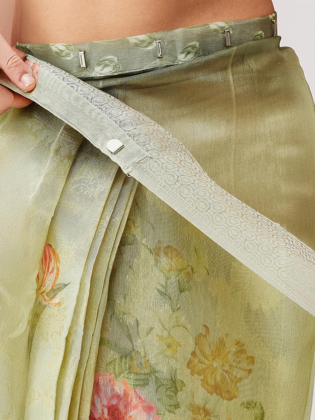 Janasya Women's Light Green Jacquard Ready To Wear Floral Printed Saree with Unstitched Blouse