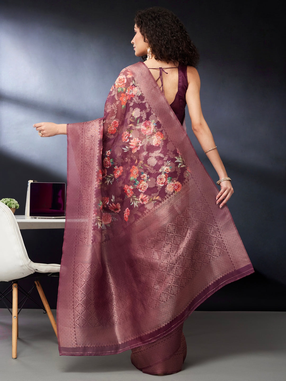 Janasya Women's Wine Jacquard Ready To Wear Floral Printed Saree with Unstitched Blouse