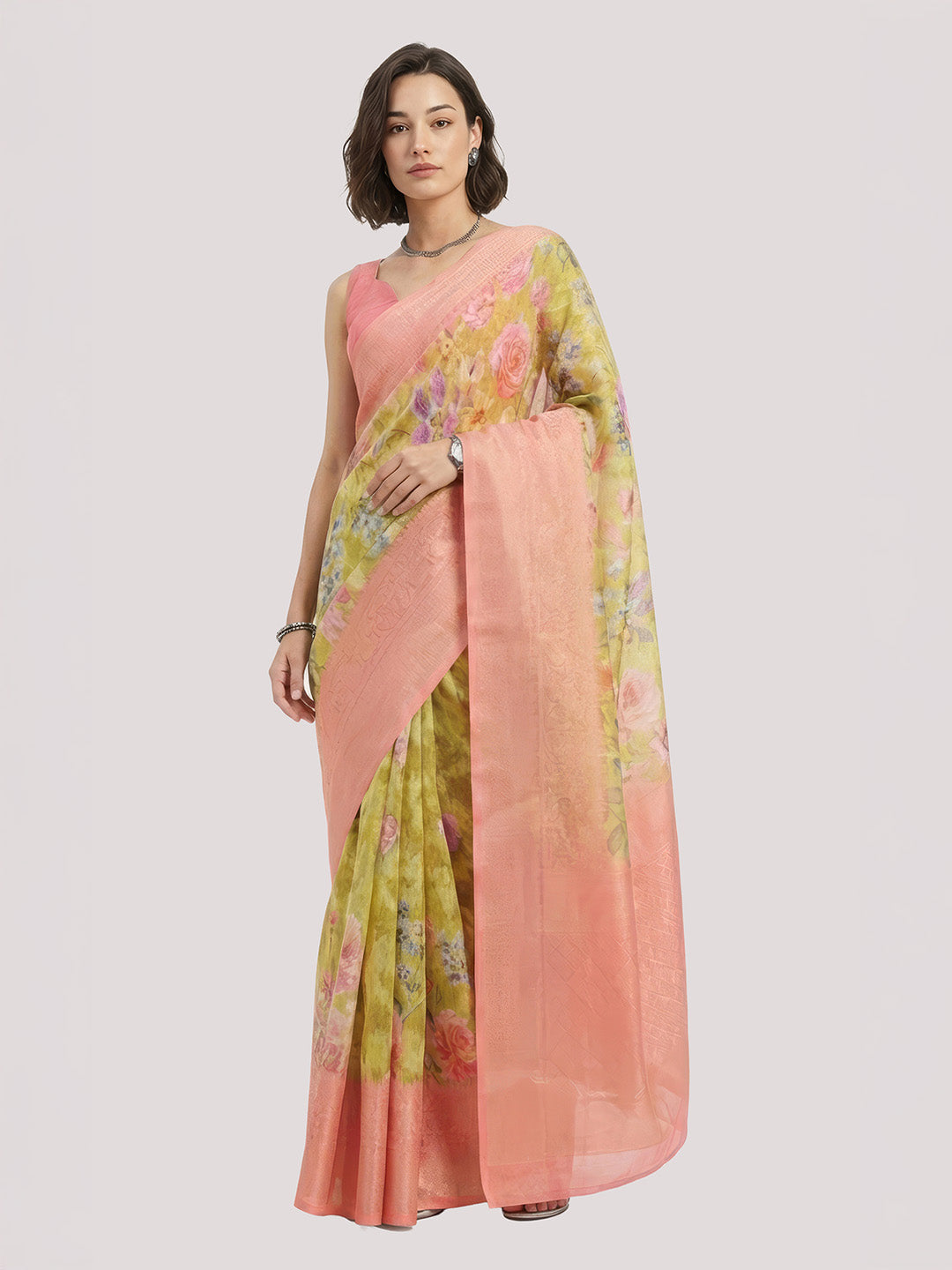 Janasya Women's Yellow Jacquard Ready To Wear Floral Printed Saree with Unstitched Blouse