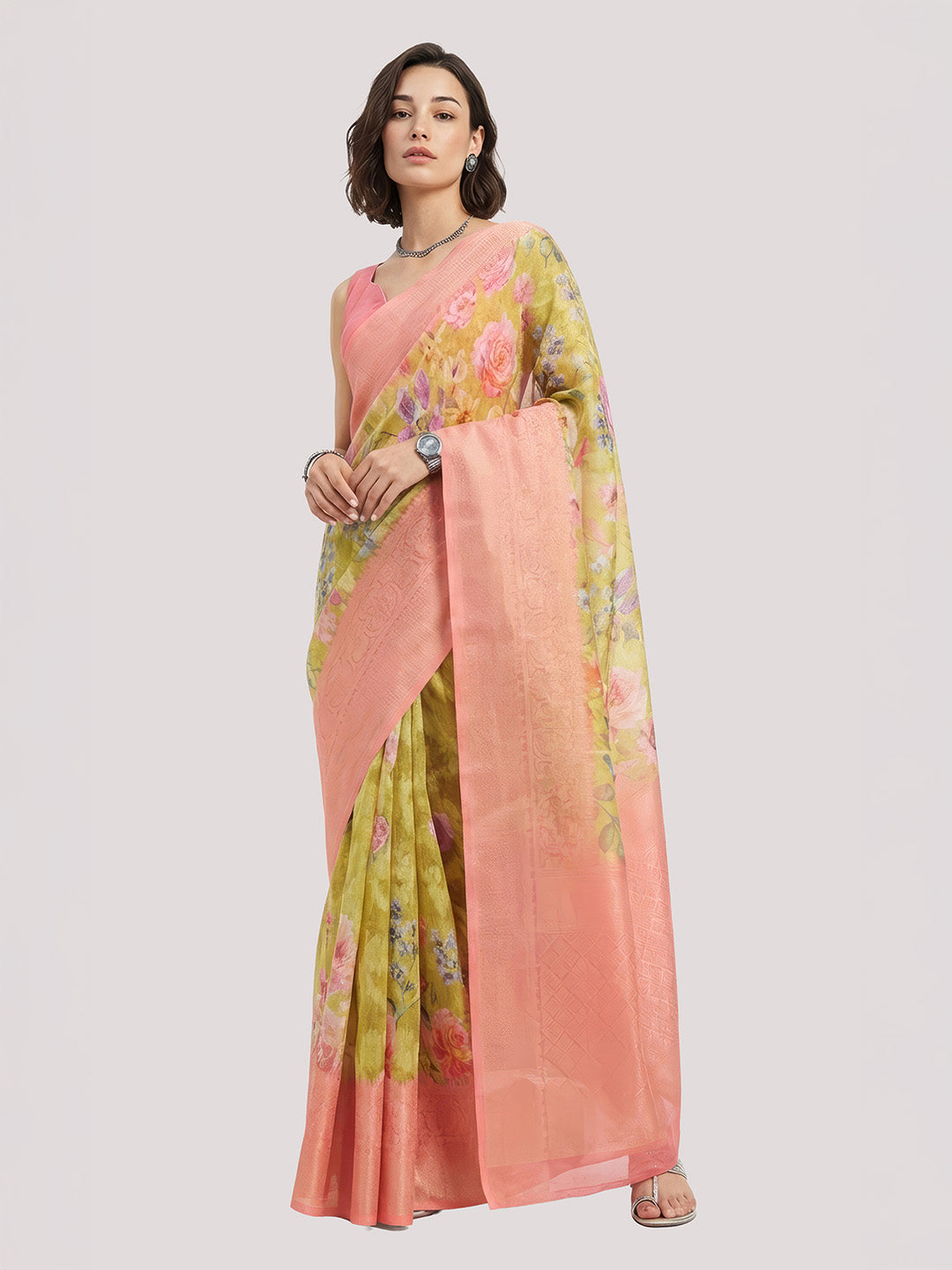Janasya Women's Yellow Jacquard Ready To Wear Floral Printed Saree with Unstitched Blouse
