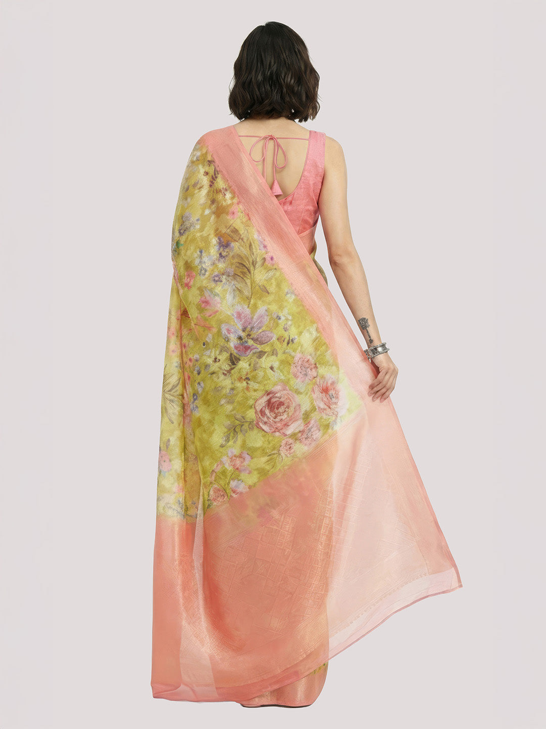 Janasya Women's Yellow Jacquard Ready To Wear Floral Printed Saree with Unstitched Blouse