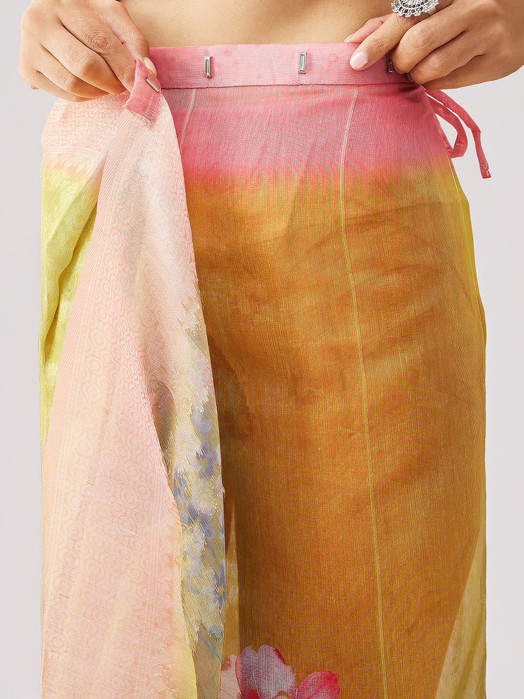 Janasya Women's Yellow Jacquard Ready To Wear Floral Printed Saree with Unstitched Blouse