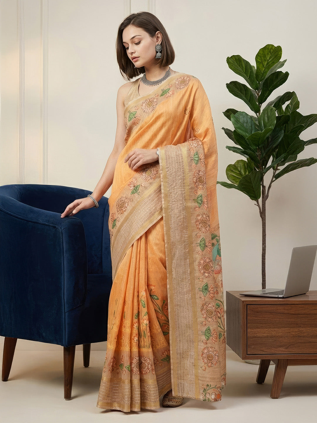 Janasya Women's Orange Silk Blend Ready To Wear Floral Printed Saree with Unstitched Blouse