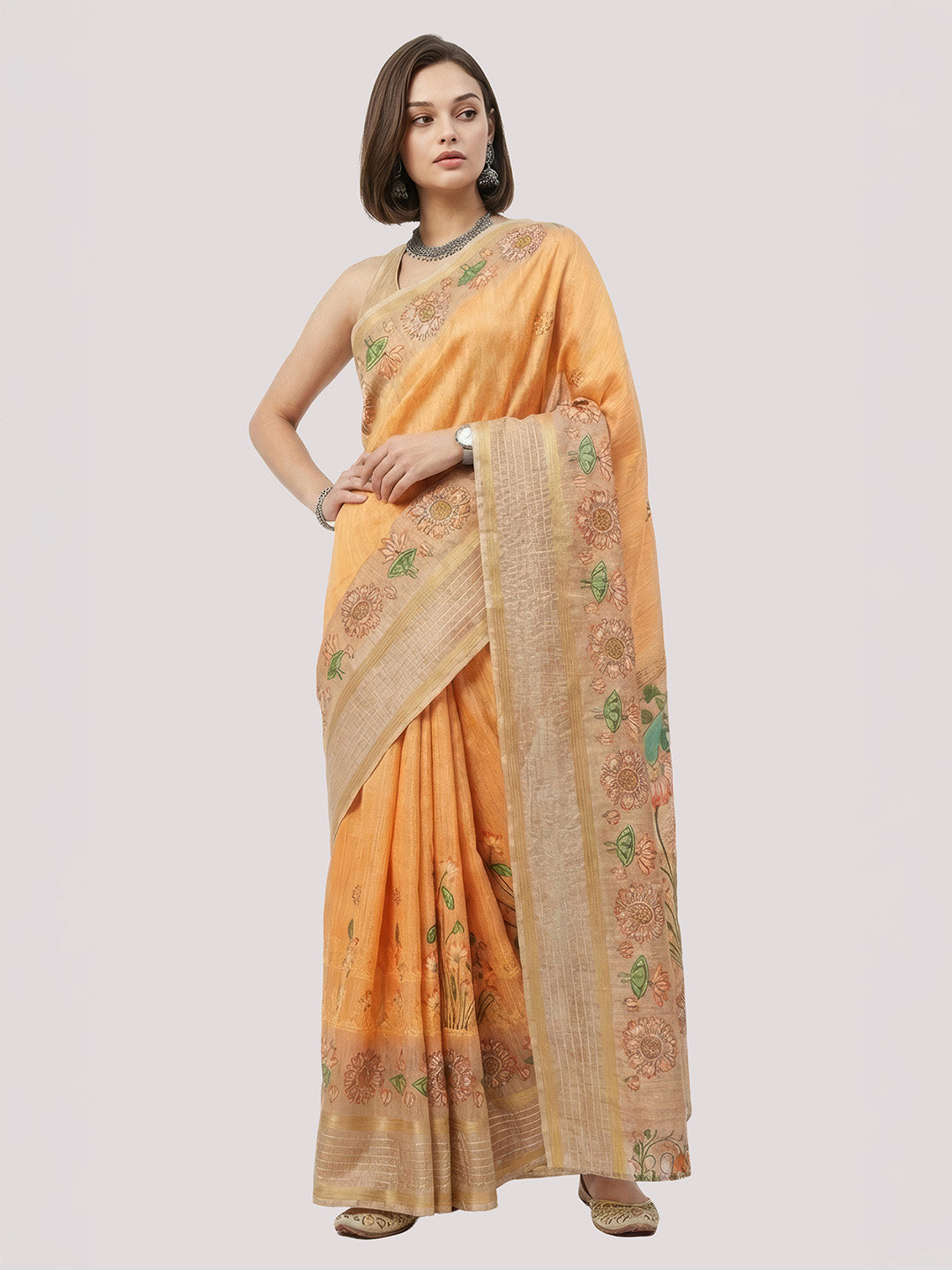Janasya Women's Orange Silk Blend Ready To Wear Floral Printed Saree with Unstitched Blouse