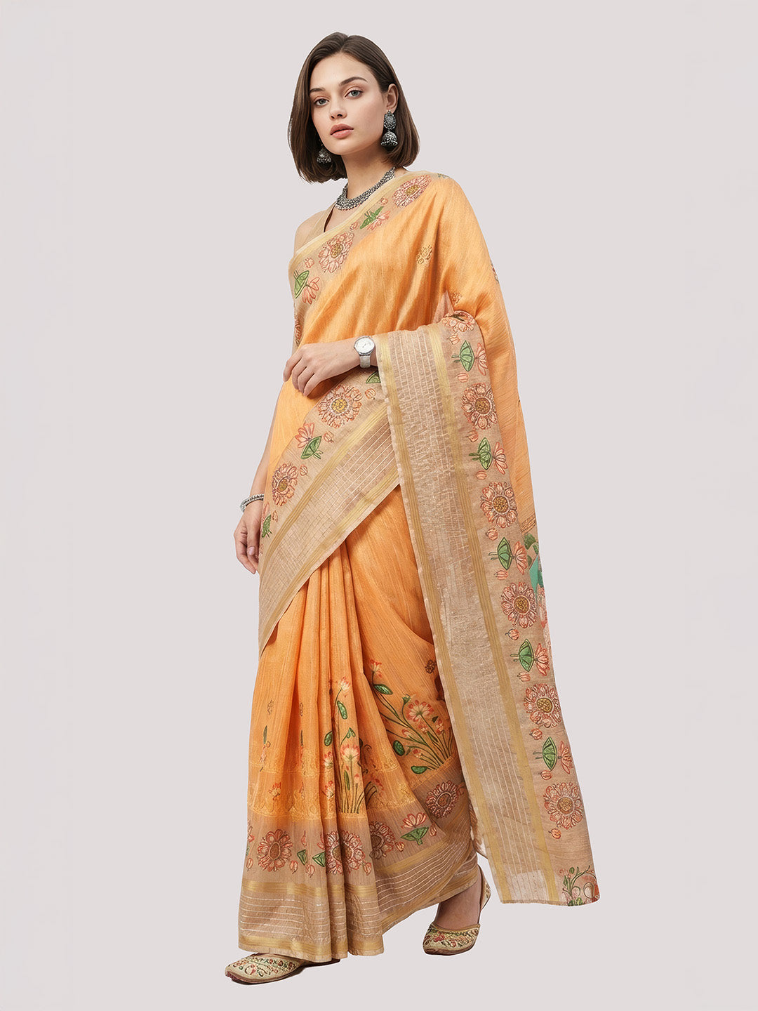 Janasya Women's Orange Silk Blend Ready To Wear Floral Printed Saree with Unstitched Blouse
