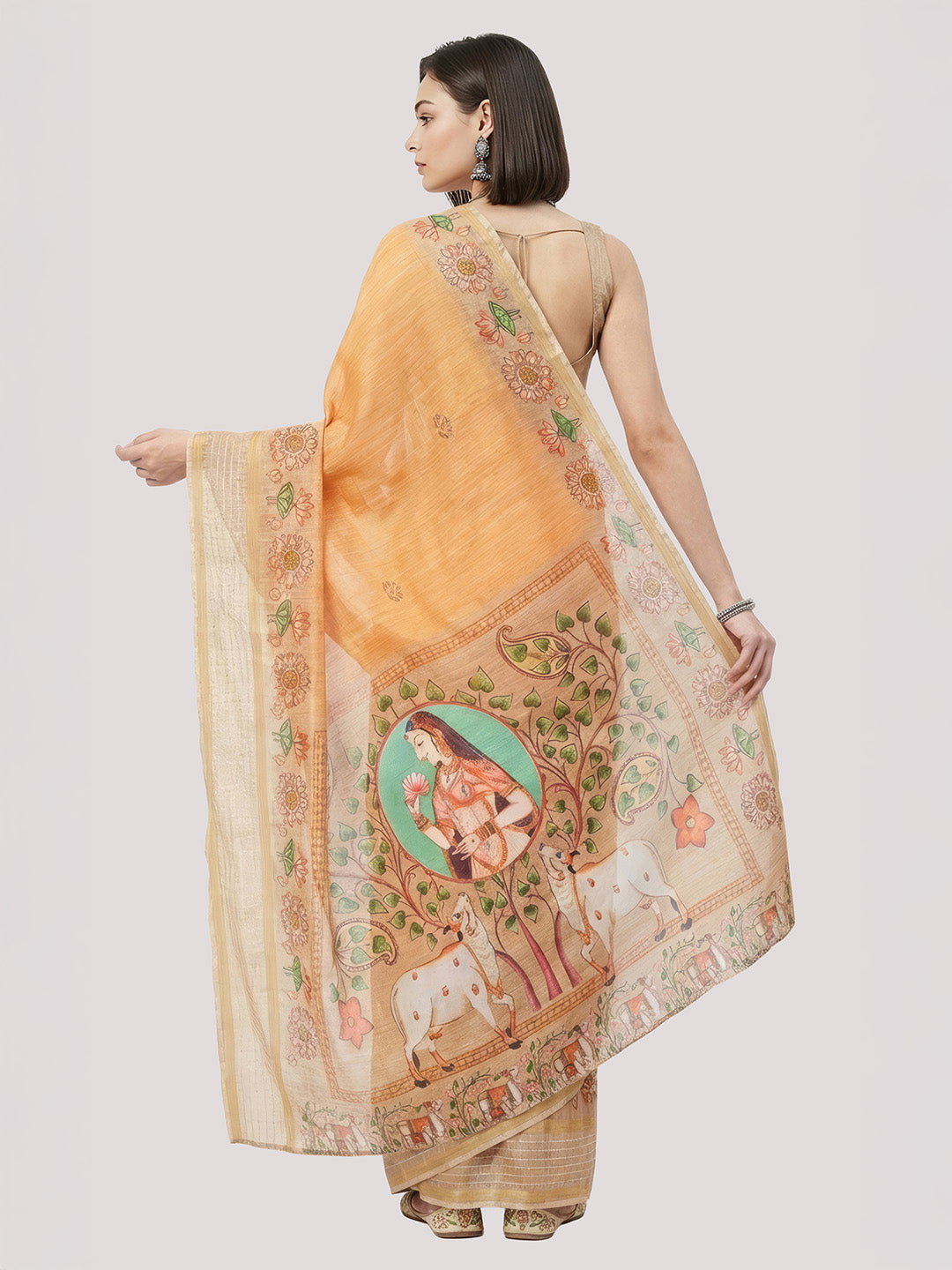 Janasya Women's Orange Silk Blend Ready To Wear Floral Printed Saree with Unstitched Blouse