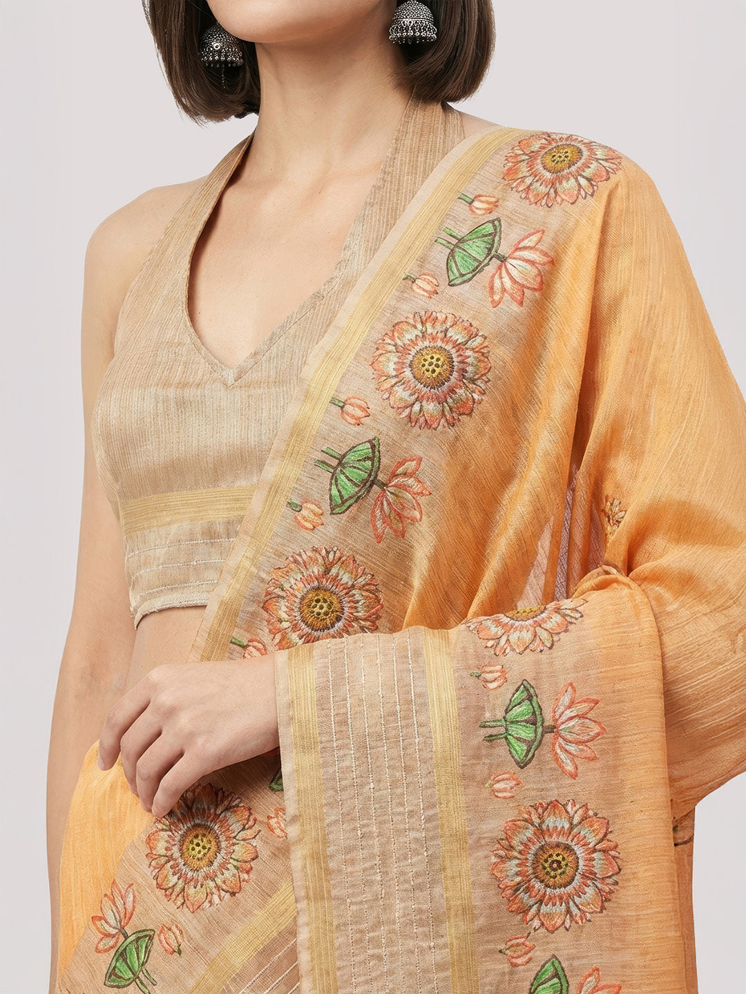 Janasya Women's Orange Silk Blend Ready To Wear Floral Printed Saree with Unstitched Blouse