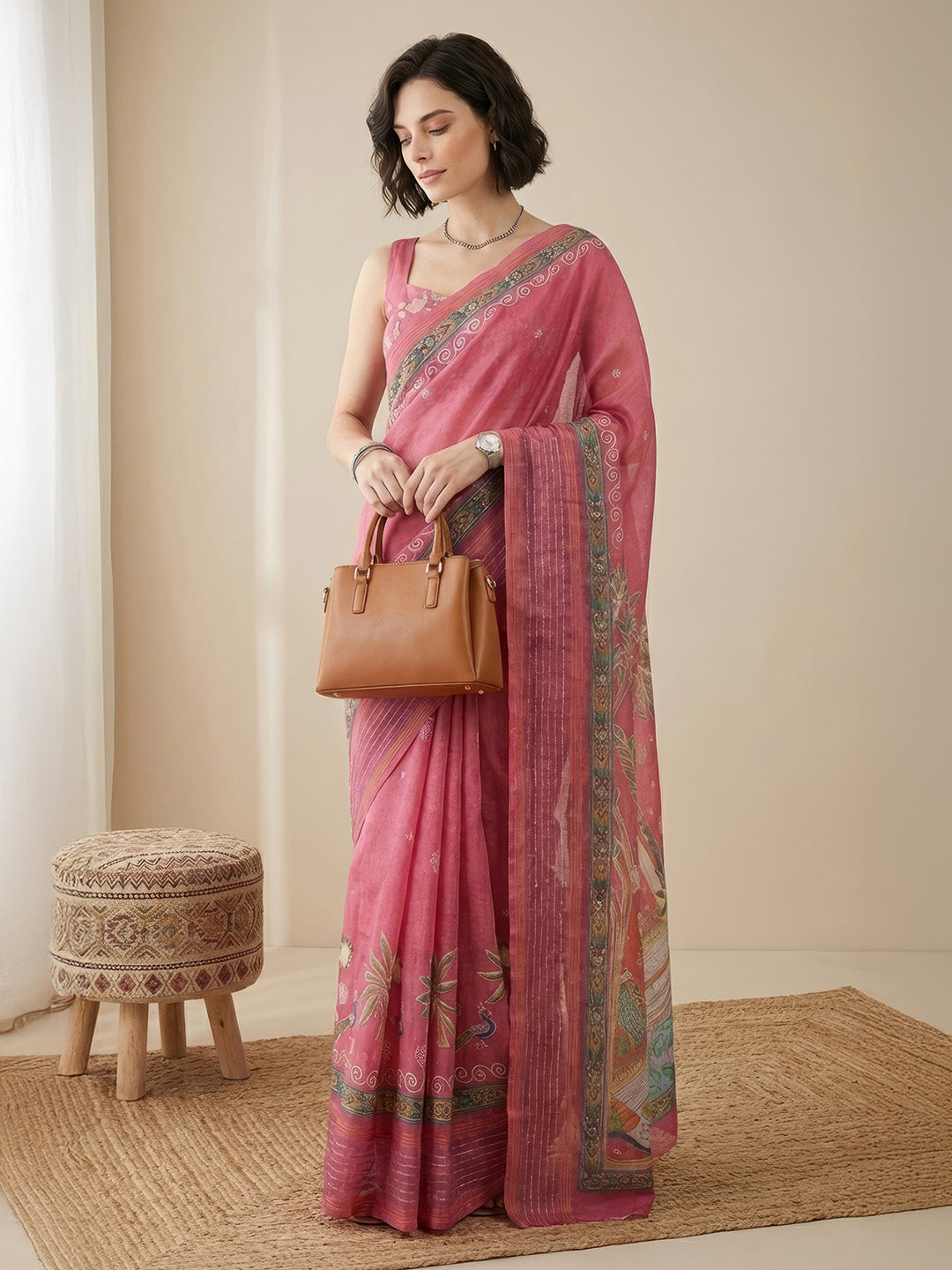 Janasya Women's Pink Silk Blend Ready To Wear Ethnic Motif Printed Saree with Unstitched Blouse