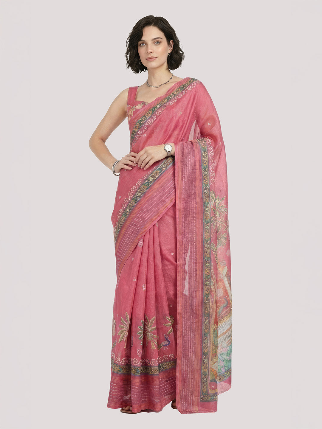 Janasya Women's Pink Silk Blend Ready To Wear Ethnic Motif Printed Saree with Unstitched Blouse