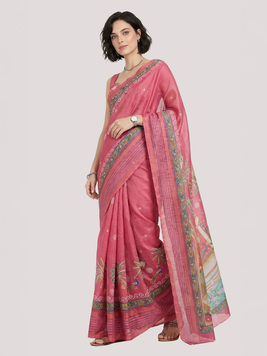 Janasya Women's Pink Silk Blend Ready To Wear Ethnic Motif Printed Saree with Unstitched Blouse