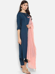 Turquoise Blue Rayon Solid Kurta with Pant and Dupatta
