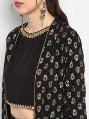 Black Poly Crepe Gold Print Top with Palazzo and Jacket