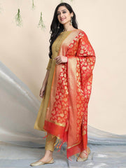 Gold Poly Silk Solid Kurta with Pant and Dupatta