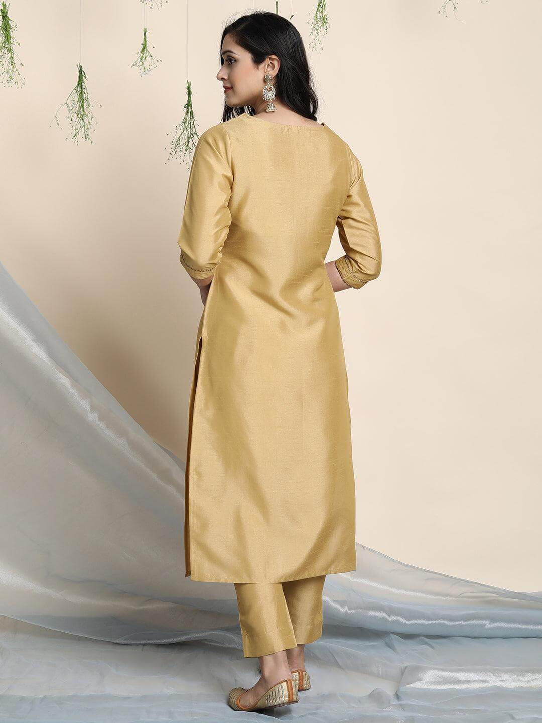 Gold Poly Silk Solid Kurta with Pant and Dupatta