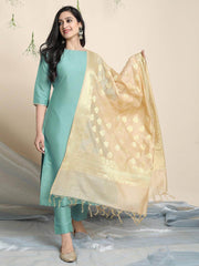 Green Poly Silk Solid Kurta with Pant and Dupatta