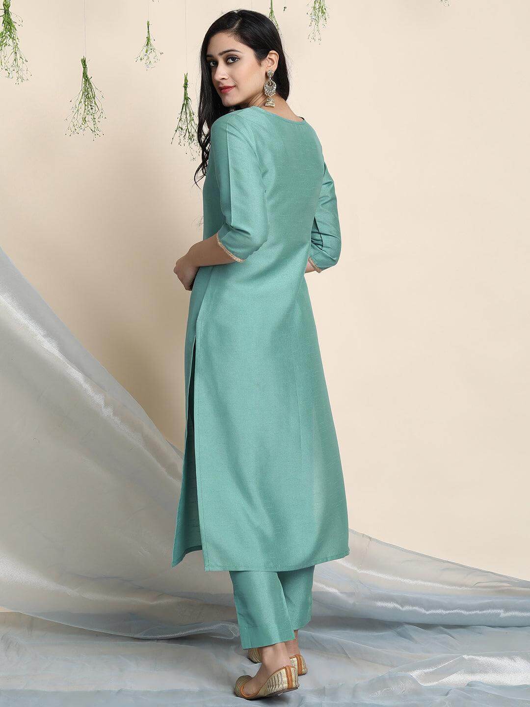 Green Poly Silk Solid Kurta with Pant and Dupatta