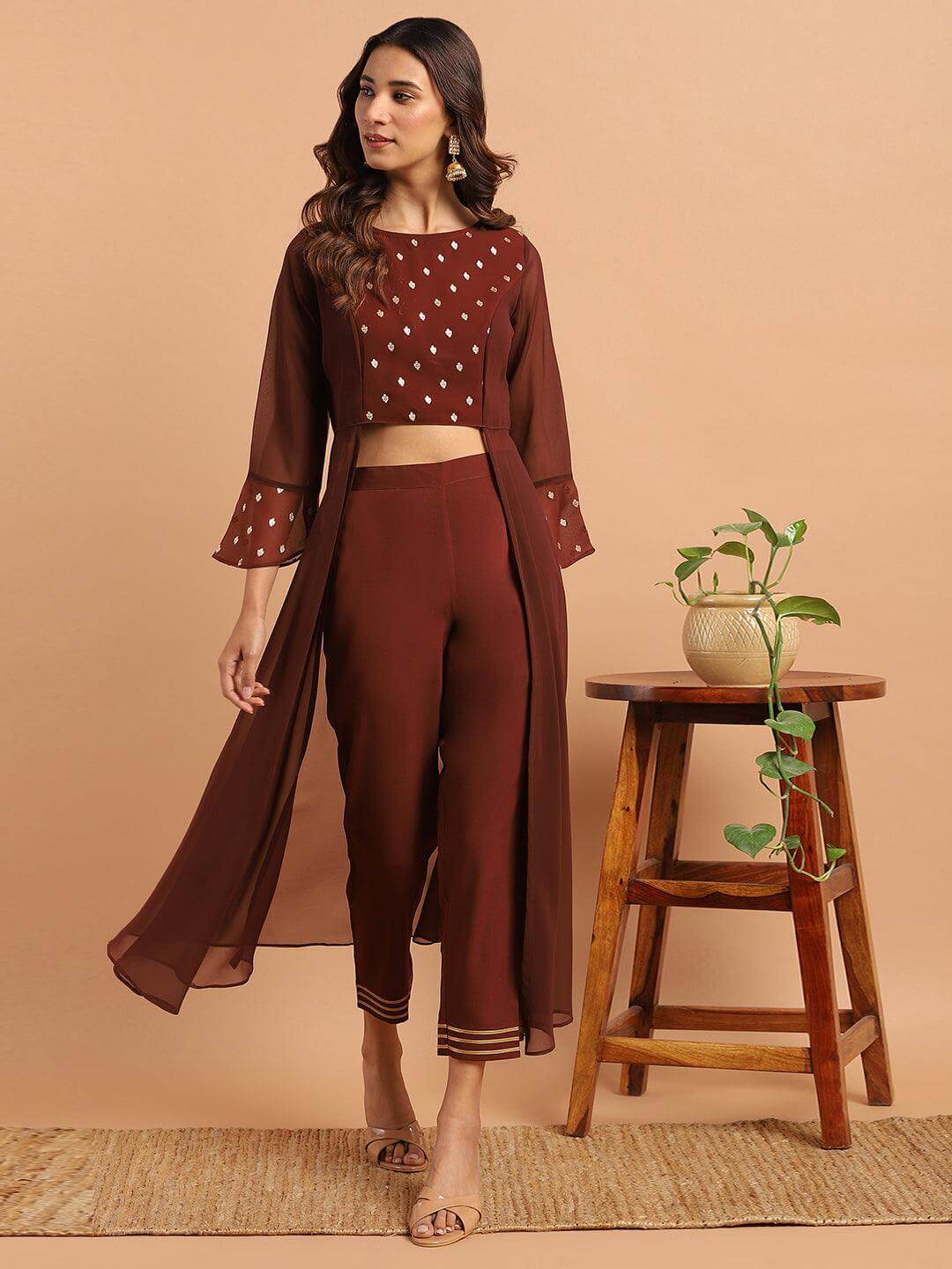 Brown Georgette Ethnic Motifs Top with Pant
