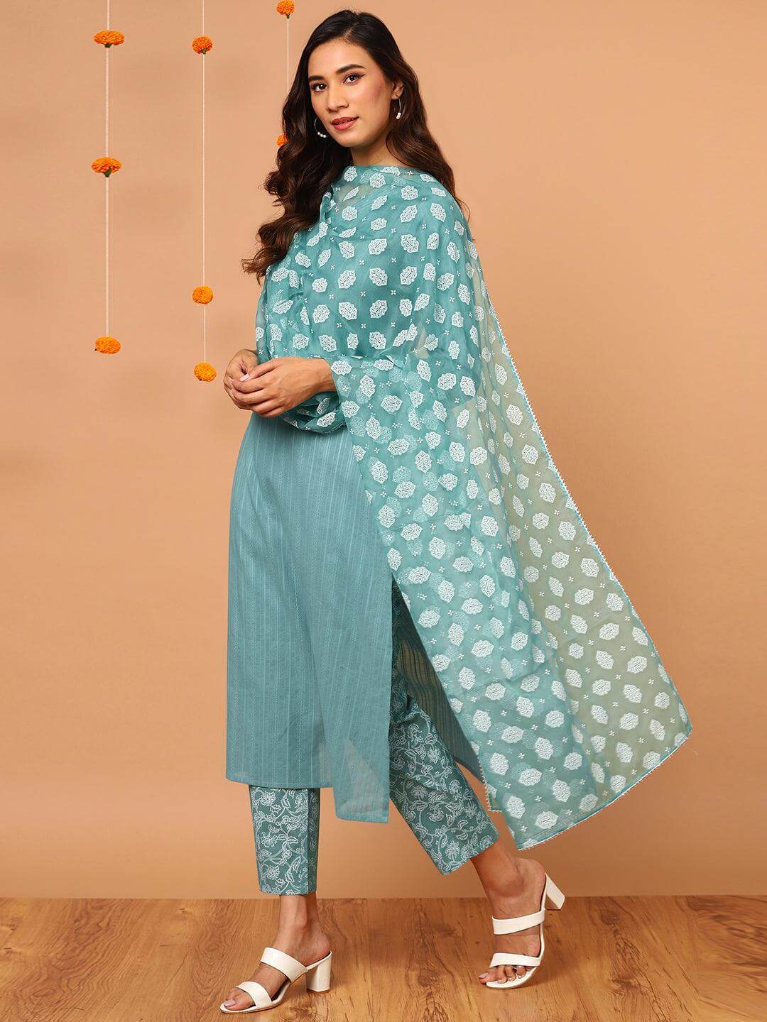 Turquoise Cotton Striped Kurta with Pant and Dupatta