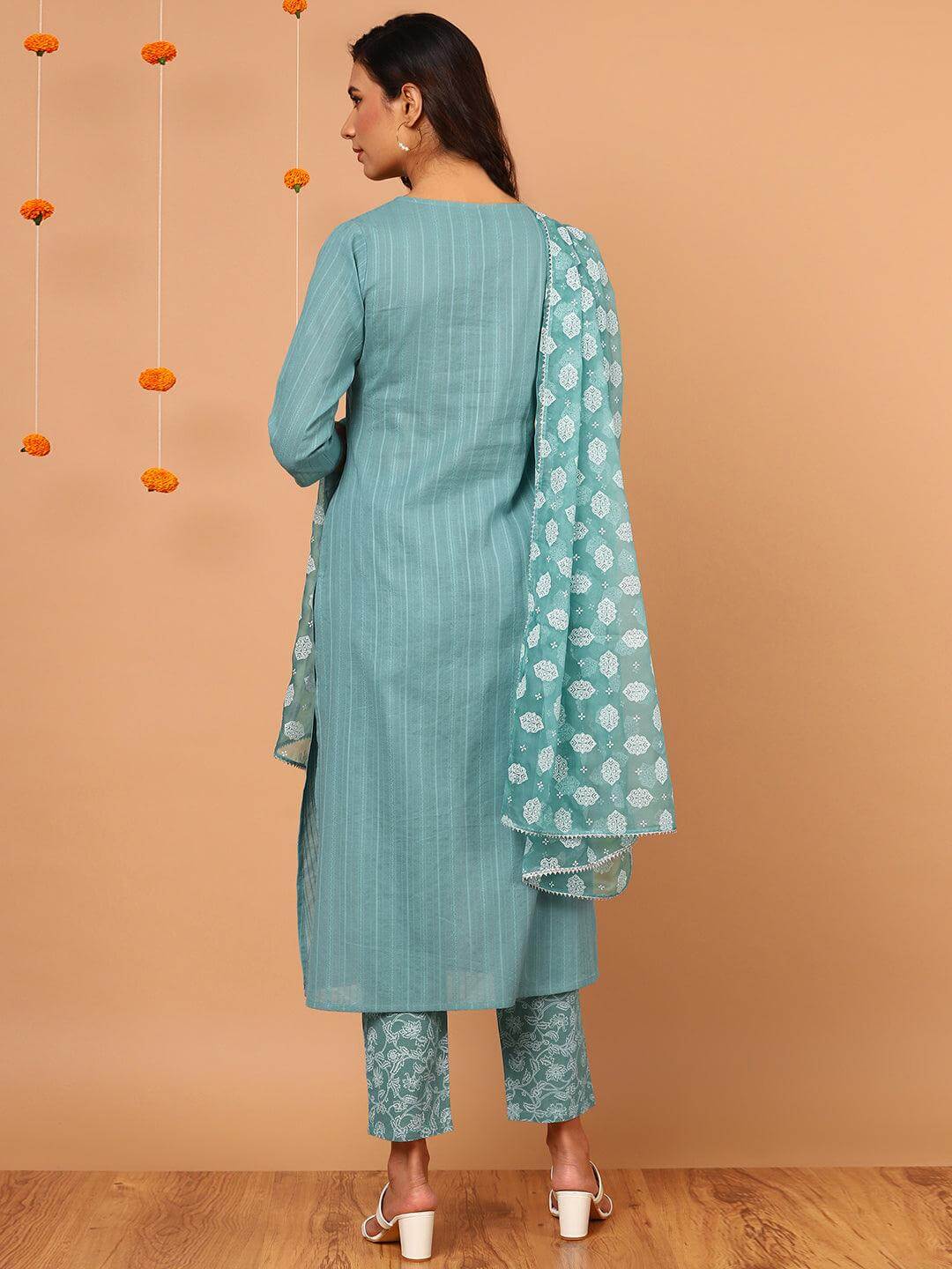 Turquoise Cotton Striped Kurta with Pant and Dupatta
