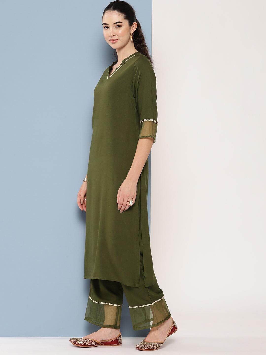 Olive Green And Yellow Designer Party Wear Heavy Cotton Kurti Set –  Fashionfy