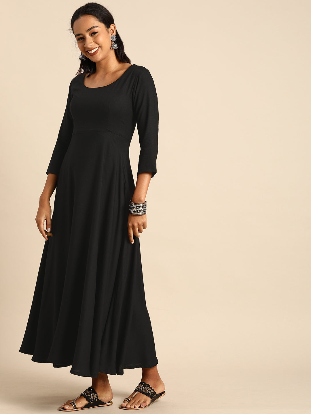 Black Rayon Solid Kurta A-Line Set