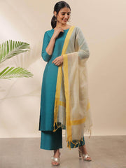 Teal Poly Silk Solid Kurta with Palazzo and Dupatta