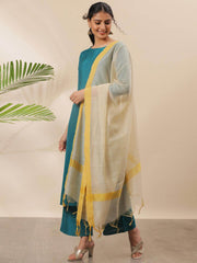 Teal Poly Silk Solid Kurta with Palazzo and Dupatta