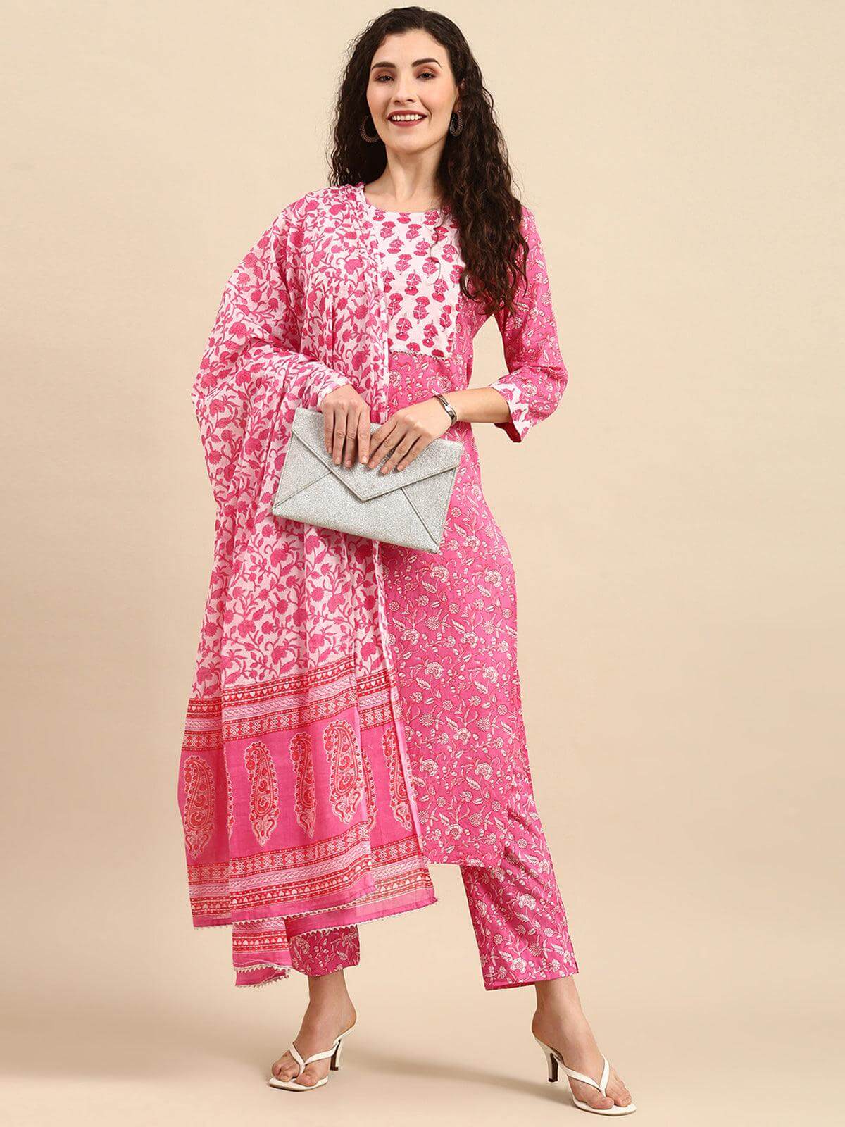 Pink Cotton Floral Print Kurta with Pant and Dupatta