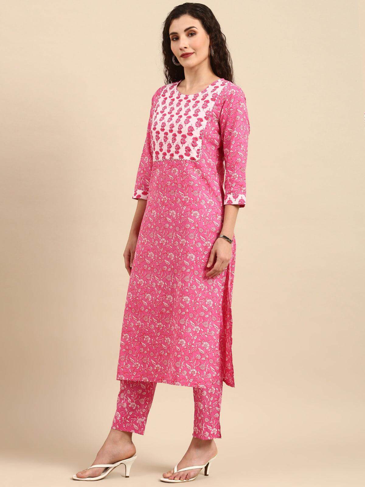 Pink Cotton Floral Print Kurta with Pant and Dupatta