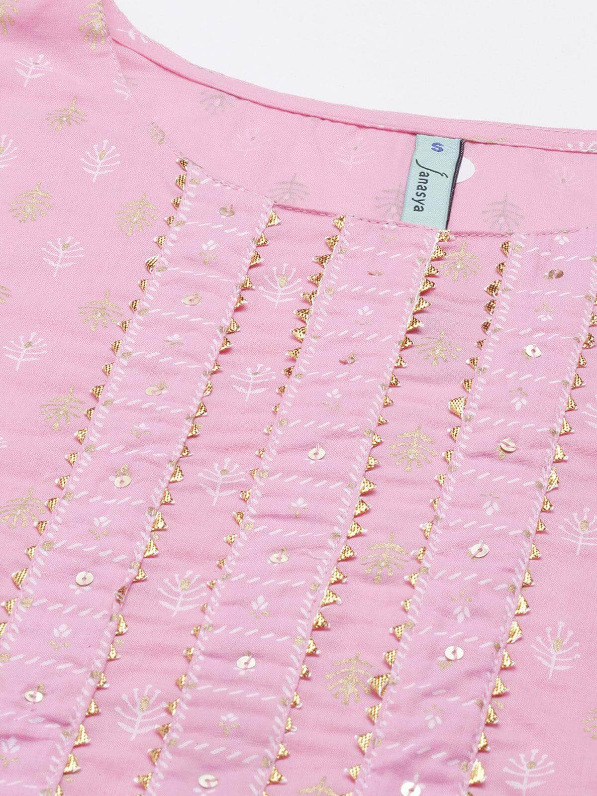 Light Pink Cotton Gold Print Kurta with Pant and Dupatta
