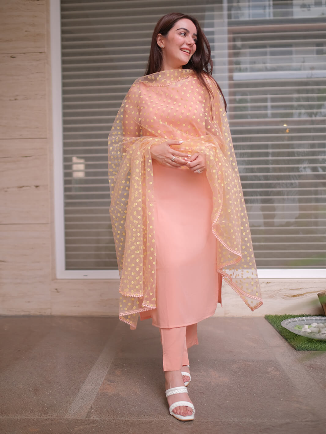 Peach Poly Crepe Solid Kurta with Pant and Dupatta