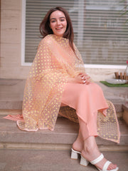 Peach Poly Crepe Solid Kurta with Pant and Dupatta