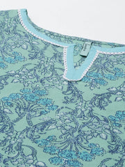 Sea Green Cotton Floral Print Kurta with Pant and Dupatta