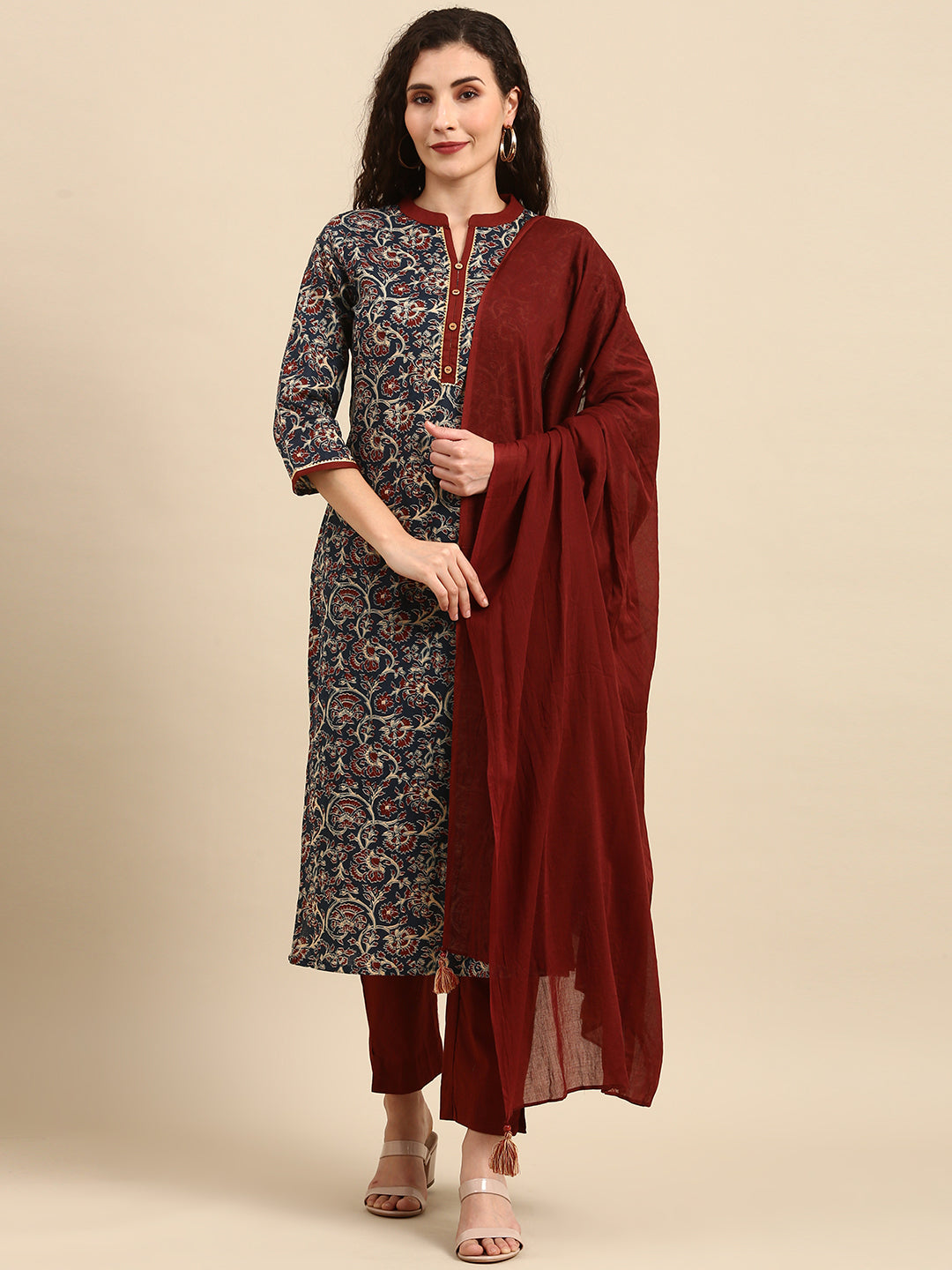 Teal Cotton Floral Print Kurta with Pant and Dupatta