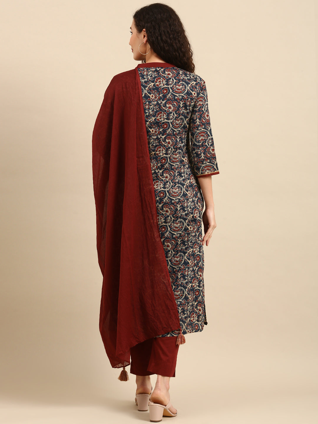 Teal Cotton Floral Print Kurta with Pant and Dupatta