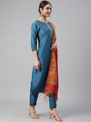 Teal Poly Silk Embellished Kurta with Pant and Dupatta